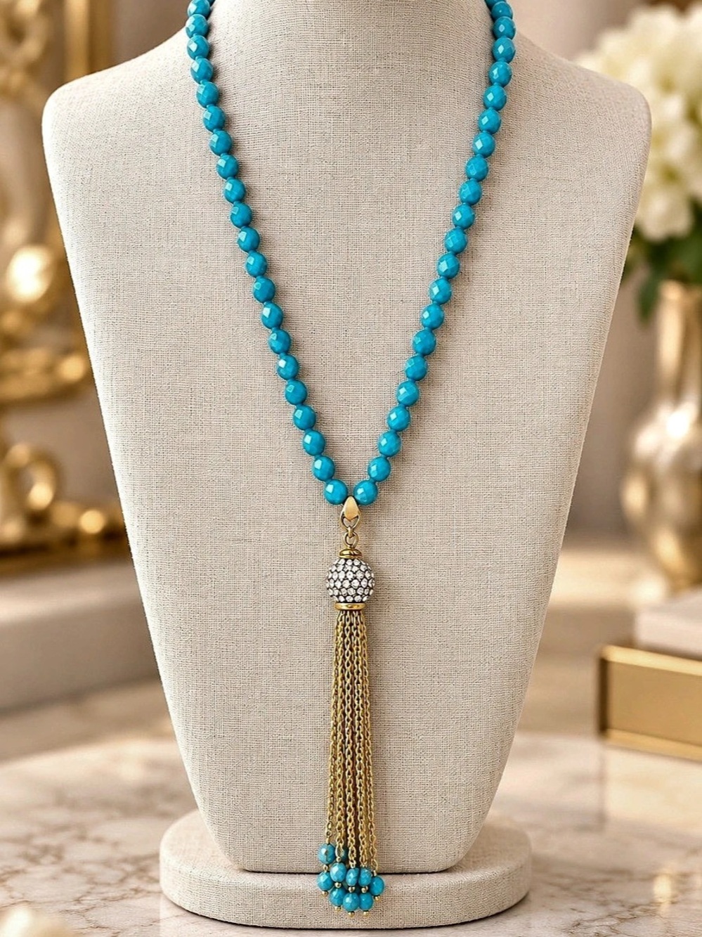 Turquoise Tassel Necklace Blue & Gold 203